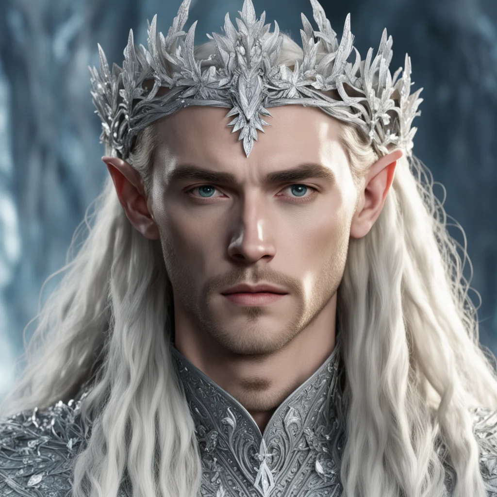 aiking thranduil with blond hair and braids wearing silver flower clusters encrusted with diamonds to form a silver elvish crown with large central flower diamond amazing awesome portrait 2