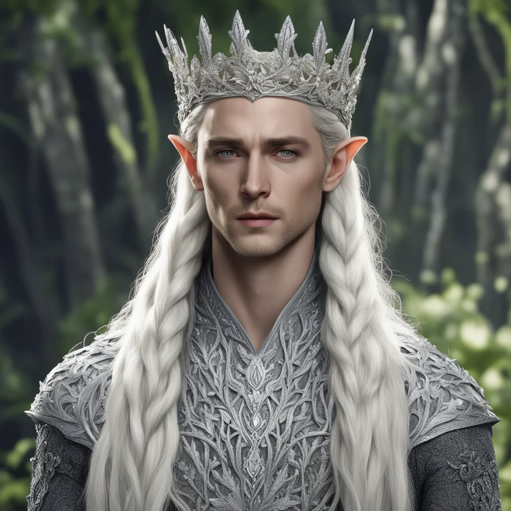 aiking thranduil with blond hair and braids wearing silver flower clusters encrusted with diamonds to form a silver elvish crown with large central flower diamond