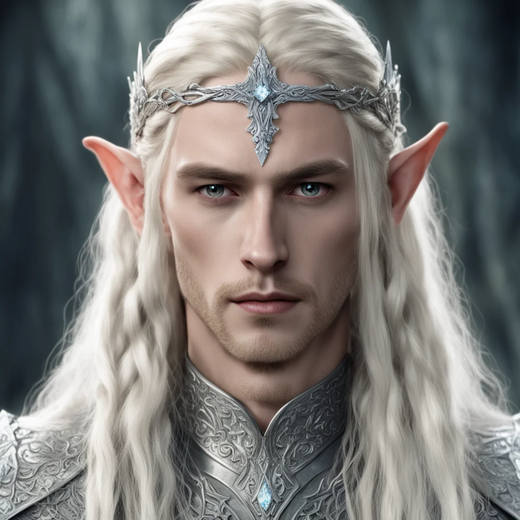 king thranduil with blond hair and braids wearing silver flower diamonds to form a silver elvish circlet with large center diamond amazing awesome portrait 2