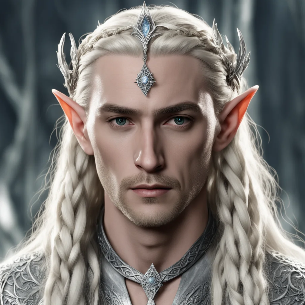 king thranduil with blond hair and braids wearing silver flower diamonds to form a silver elvish circlet with large center diamond good looking trending fantastic 1
