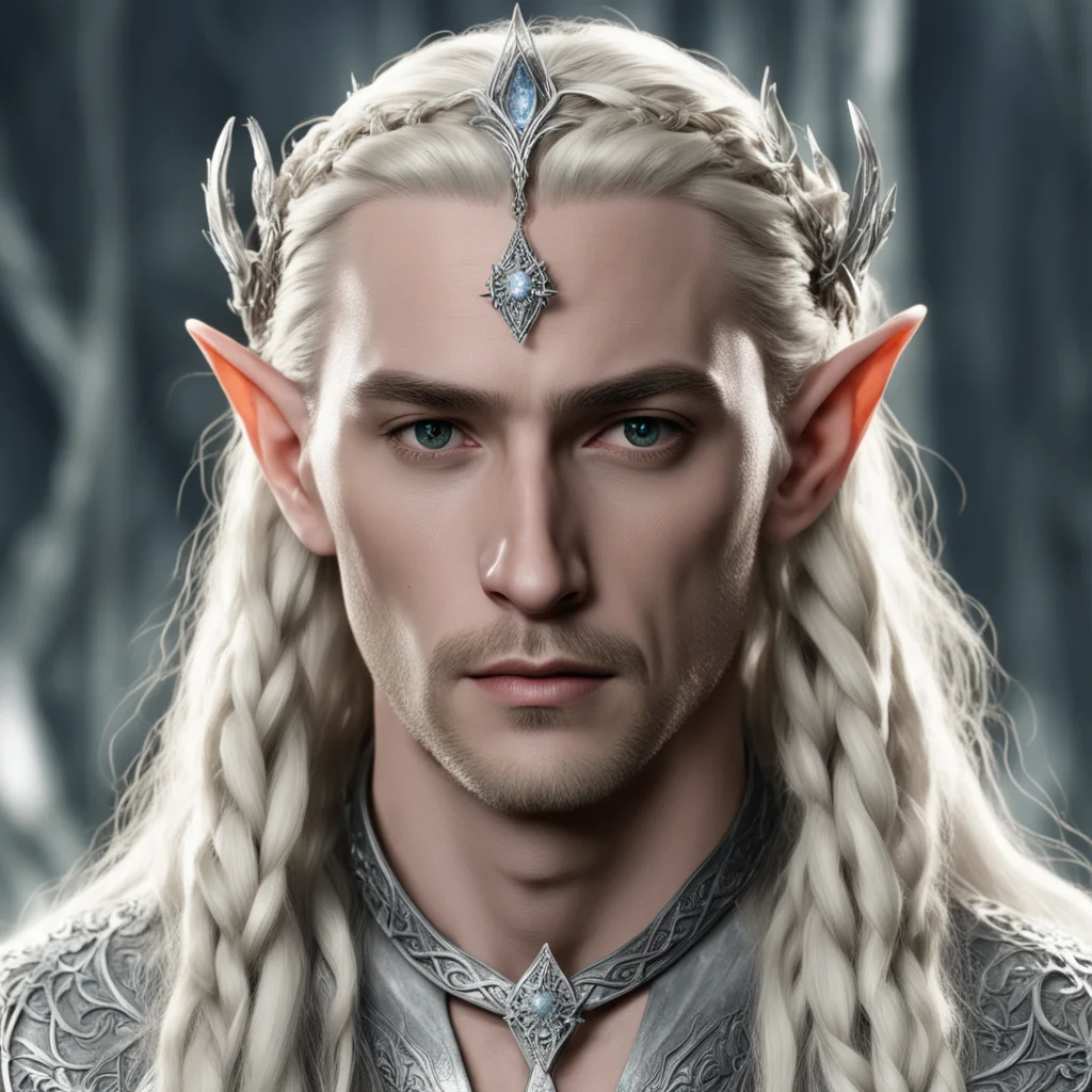 aiking thranduil with blond hair and braids wearing silver flower diamonds to form a silver elvish circlet with large center diamond good looking trending fantastic 1