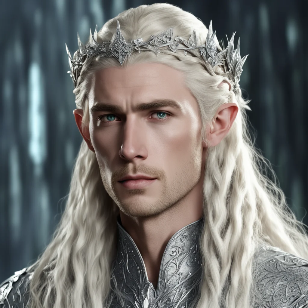 aiking thranduil with blond hair and braids wearing silver flower elvish circlet encrusted with diamonds with large center diamond amazing awesome portrait 2