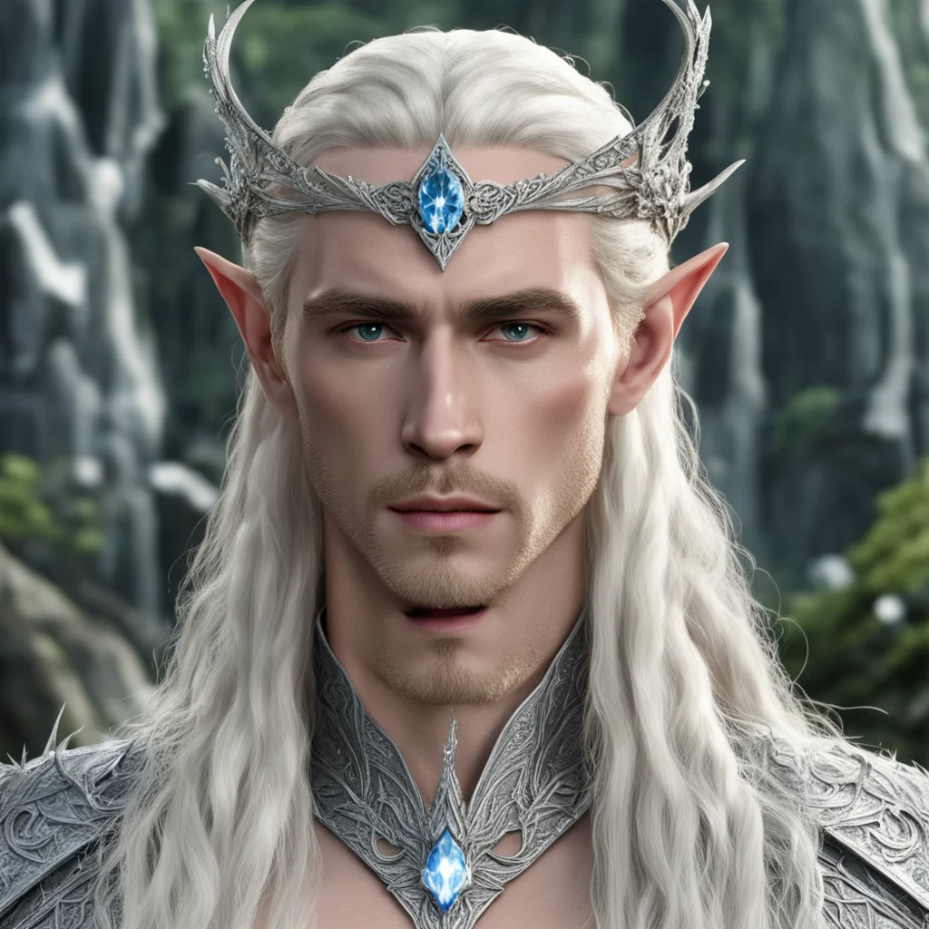 aiking thranduil with blond hair and braids wearing silver flower elvish circlet encrusted with diamonds with large center diamond confident engaging wow artstation art 3