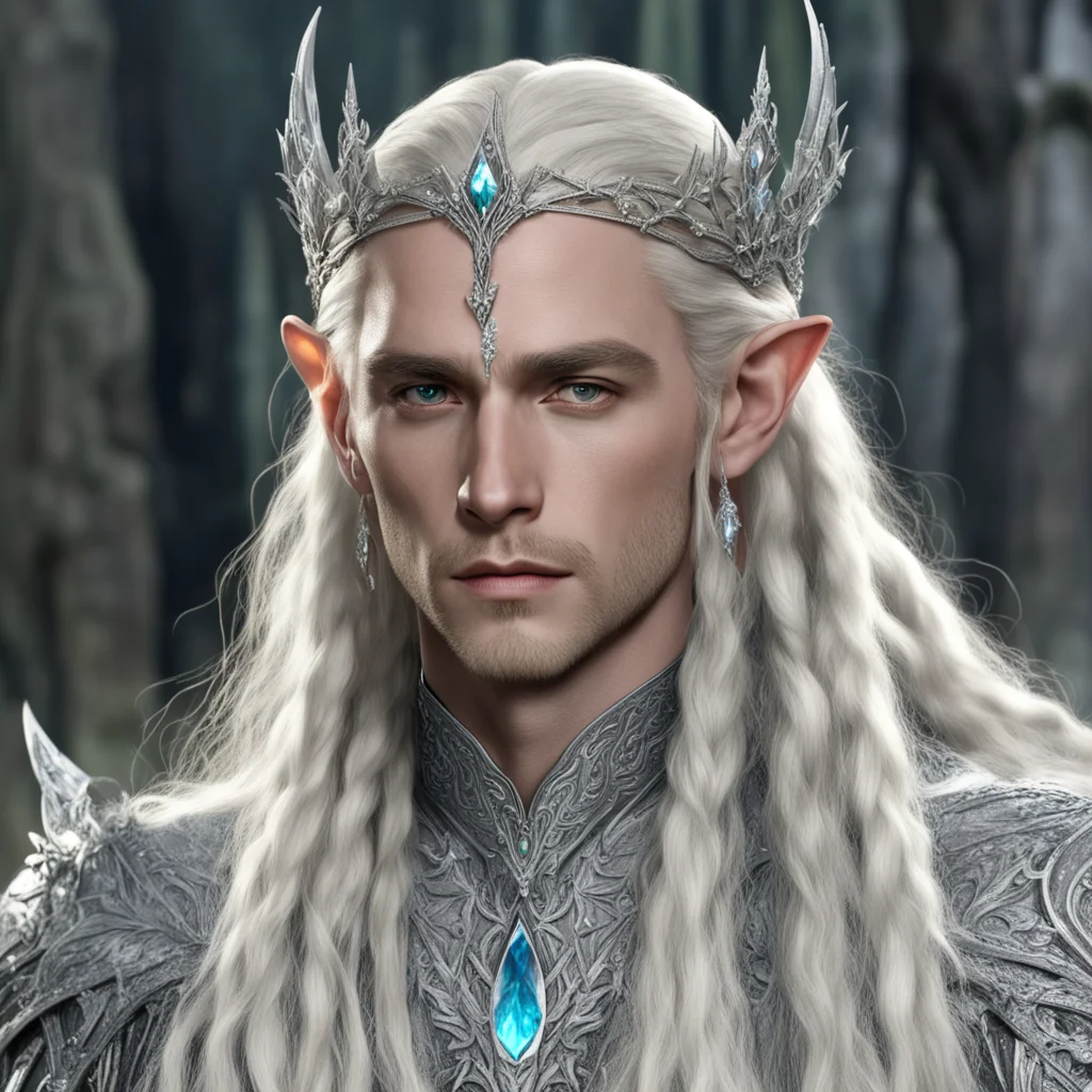 king thranduil with blond hair and braids wearing silver flower elvish circlet encrusted with diamonds with large center diamond good looking trending fantastic 1