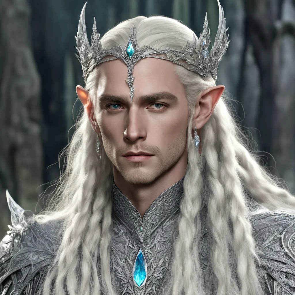 aiking thranduil with blond hair and braids wearing silver flower elvish circlet encrusted with diamonds with large center diamond good looking trending fantastic 1