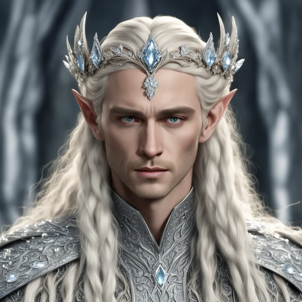 aiking thranduil with blond hair and braids wearing silver flower elvish circlet encrusted with diamonds with large clusters of diamonds with large center diamond  amazing awesome portrait 2
