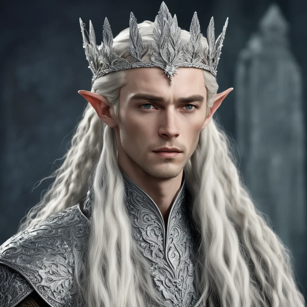 aiking thranduil with blond hair and braids wearing silver flower elvish coronet encrusted with diamonds with large center flower covered with large diamonds amazing awesome portrait 2