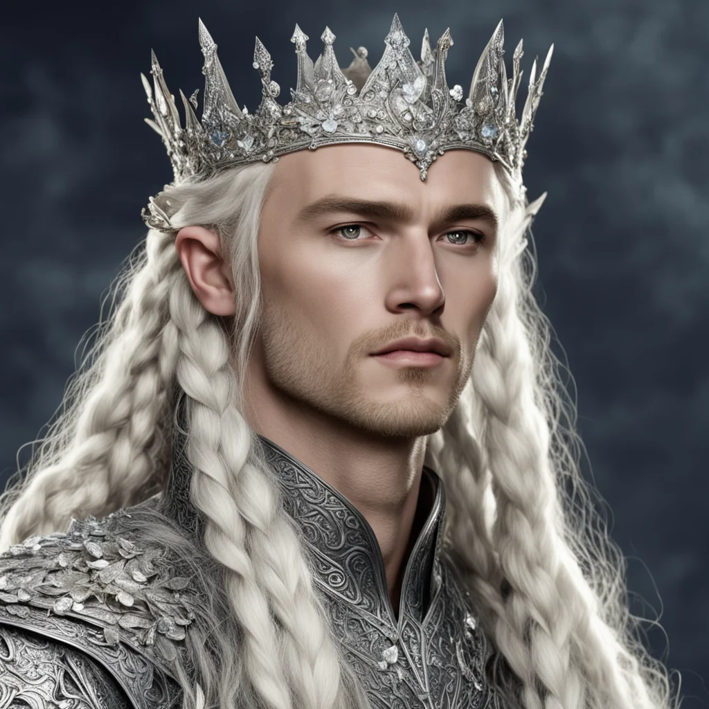 king thranduil with blond hair and braids wearing silver flower elvish coronet encrusted with diamonds with large center flower covered with large diamonds good looking trending fantastic 1