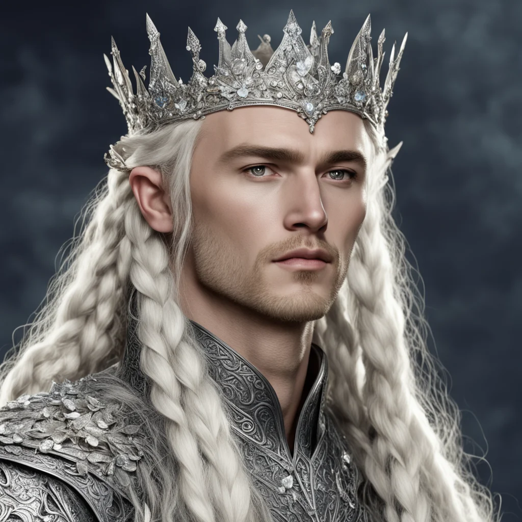 aiking thranduil with blond hair and braids wearing silver flower elvish coronet encrusted with diamonds with large center flower covered with large diamonds good looking trending fantastic 1