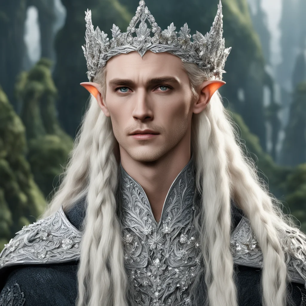 aiking thranduil with blond hair and braids wearing silver flower elvish coronet encrusted with diamonds with large center flower covered with large diamonds