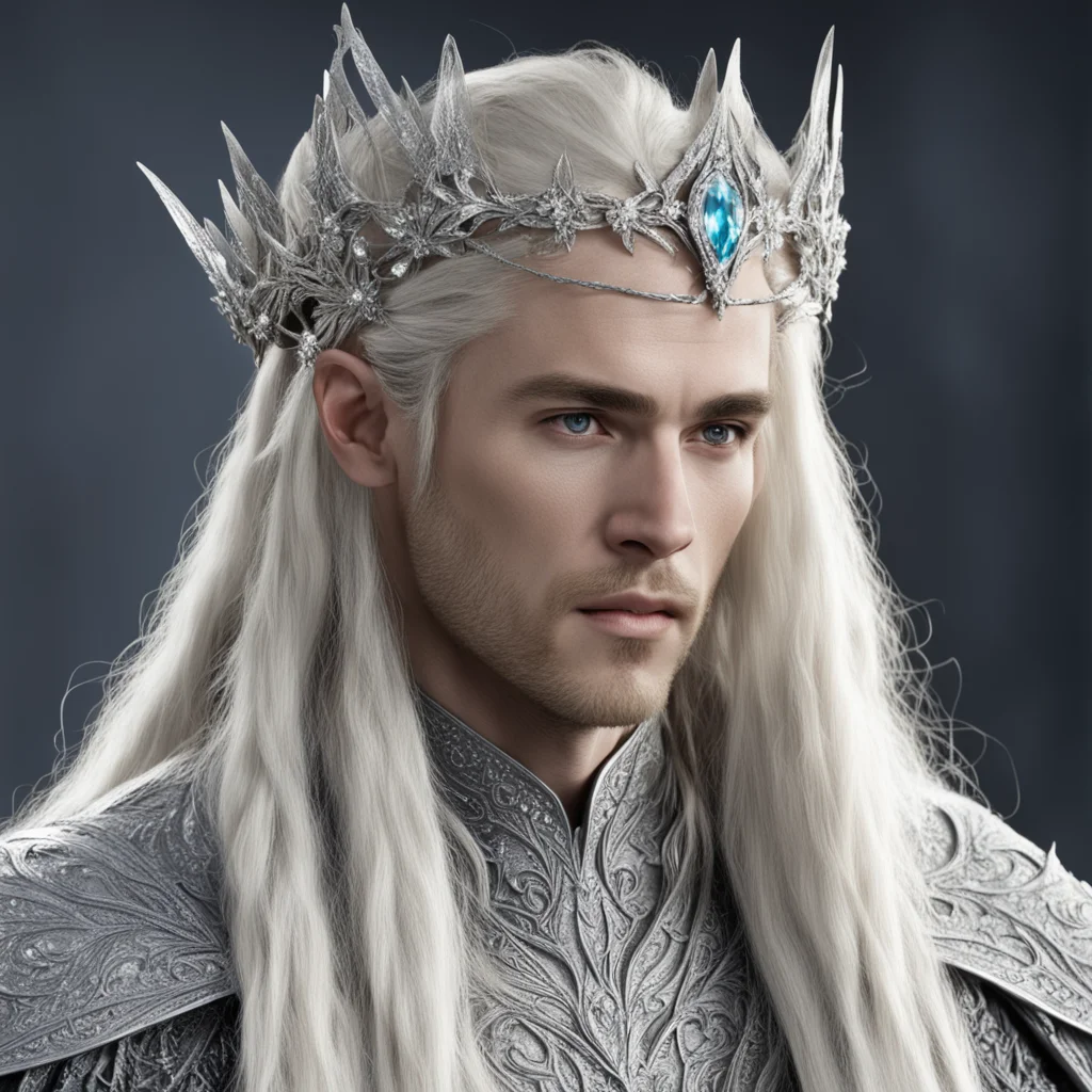 king thranduil with blond hair and braids wearing silver flower encrusted with diamonds forming a silver elvish circlet encrusted with diamonds with large center diamond  good looking trending fanta