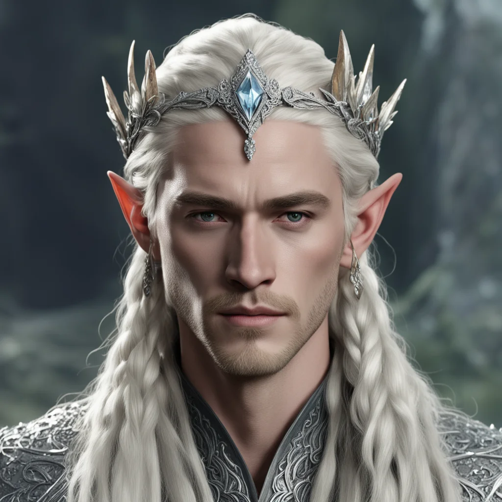king thranduil with blond hair and braids wearing silver flower serpentine sindarin elvish circlet encrusted with diamonds with large center diamond 