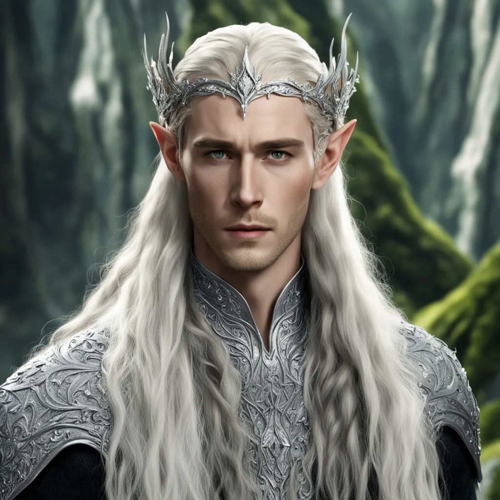 aiking thranduil with blond hair and braids wearing silver flower silver elvish circlet encrusted with diamonds with larger center diamond amazing awesome portrait 2