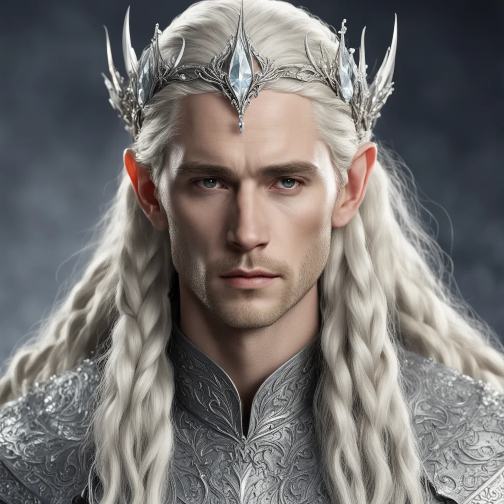 aiking thranduil with blond hair and braids wearing silver flower silver elvish circlet encrusted with diamonds with larger center diamond good looking trending fantastic 1