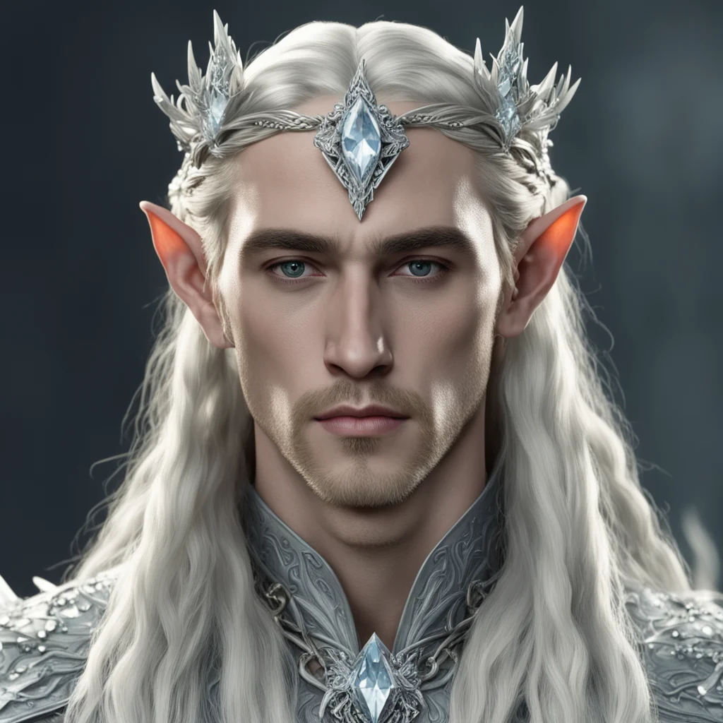 king thranduil with blond hair and braids wearing silver flower with large diamond clusters connected to make silver serpentine elvish circlet with large center diamond  confident engaging wow artst