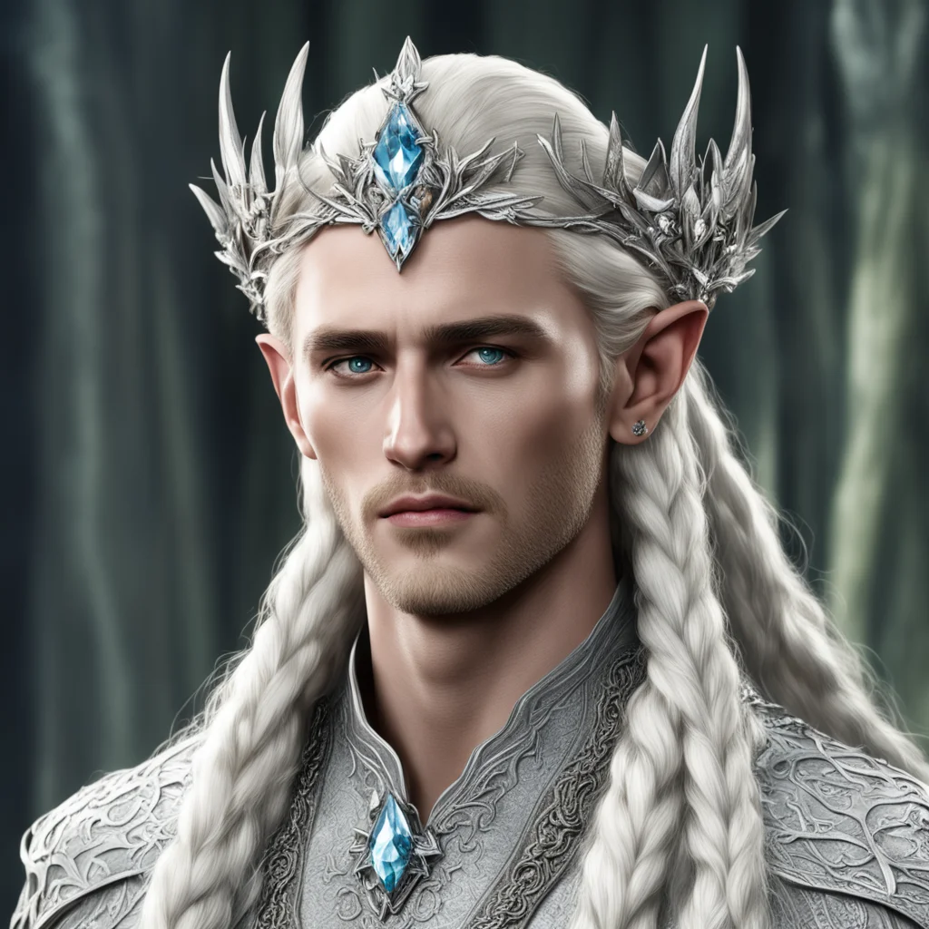 aiking thranduil with blond hair and braids wearing silver flower with large diamond clusters connected to make silver serpentine elvish circlet with large center diamond 