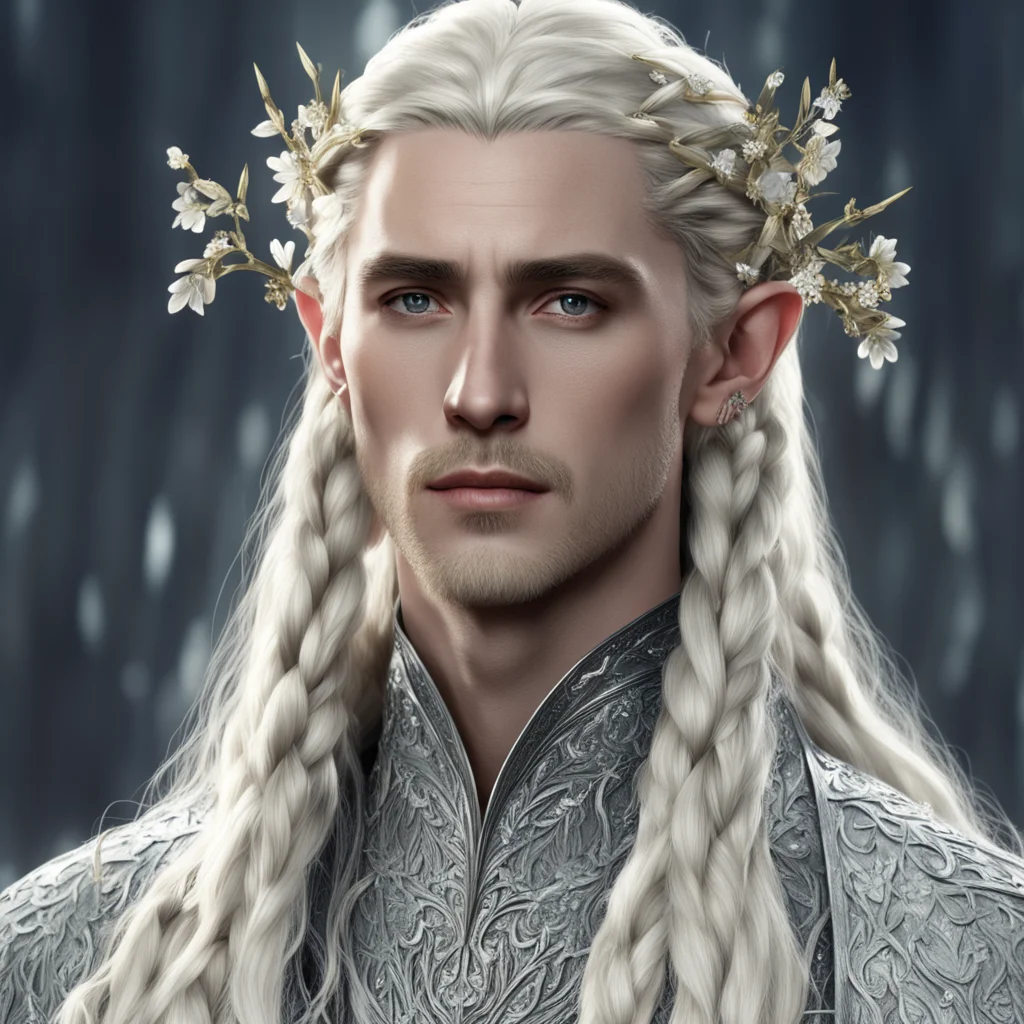 aiking thranduil with blond hair and braids wearing silver flowers encrusted with diamonds  good looking trending fantastic 1