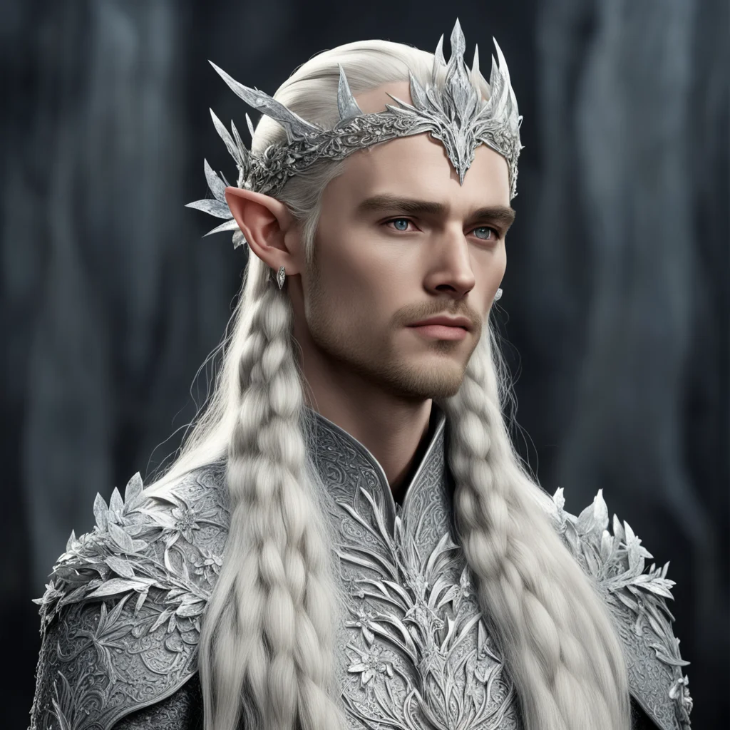 aiking thranduil with blond hair and braids wearing silver flowers encrusted with diamonds connected to form a silver elvish circlet with large center diamond  amazing awesome portrait 2