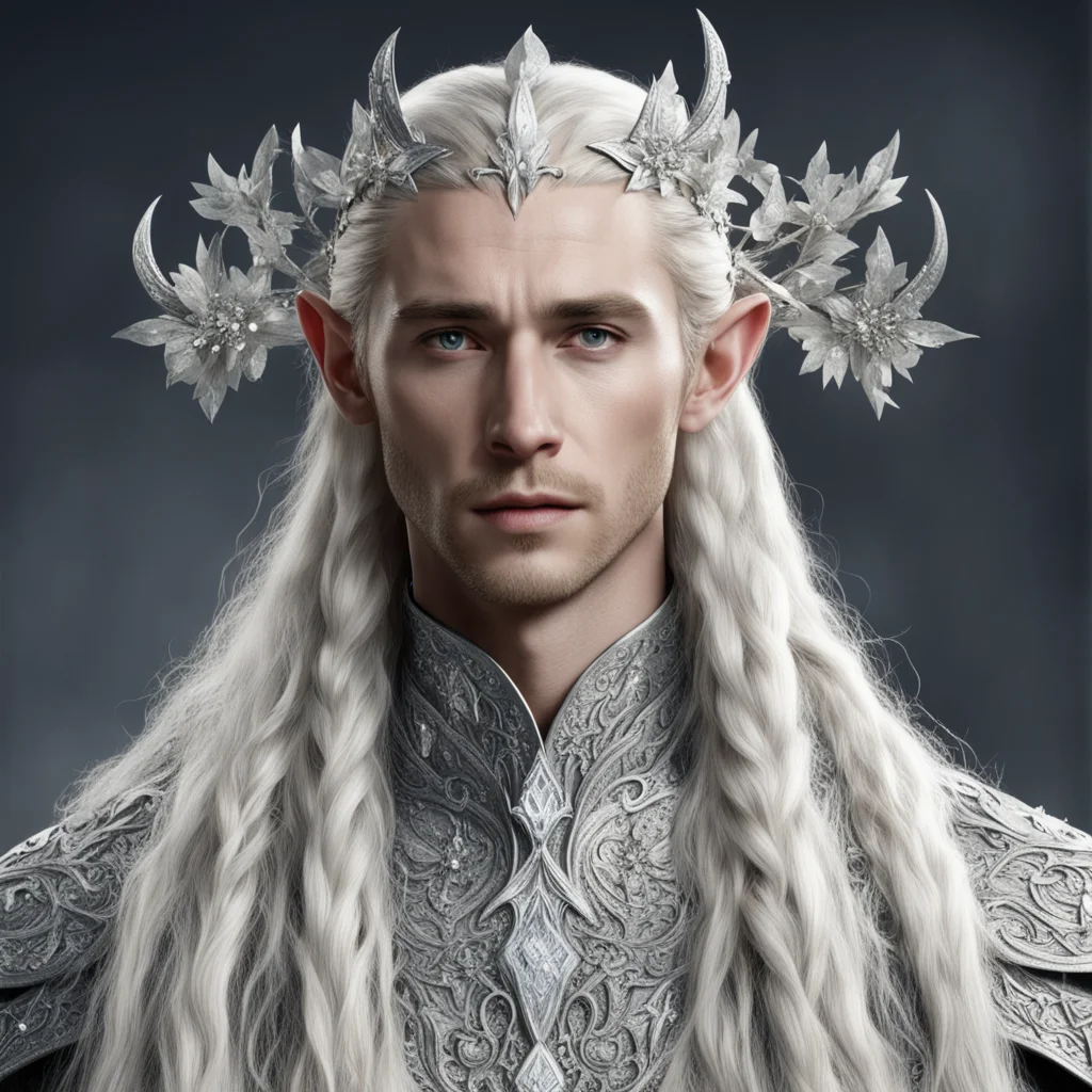 king thranduil with blond hair and braids wearing silver flowers encrusted with diamonds connected to form a silver elvish circlet with large center diamond  confident engaging wow artstation art 3.