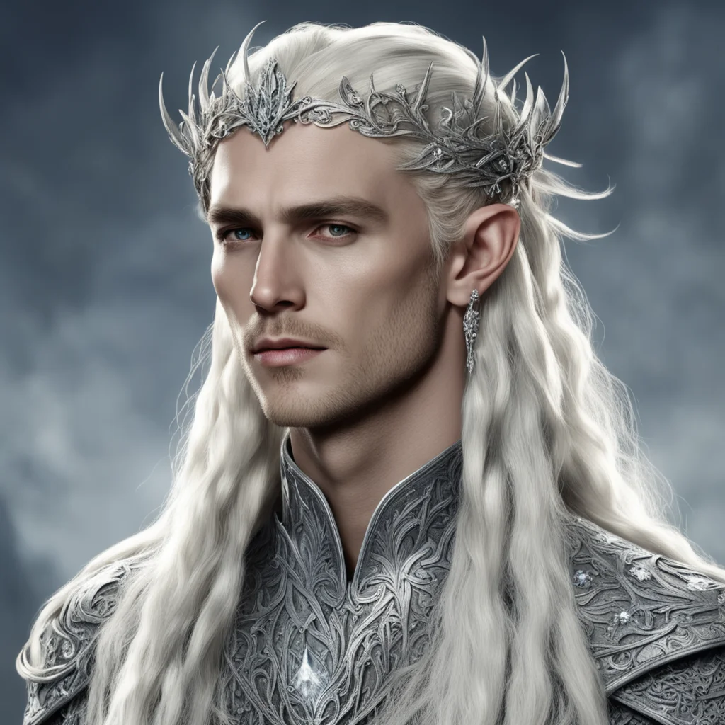 king thranduil with blond hair and braids wearing silver flowers encrusted with diamonds connected to form a silver elvish circlet with large center diamond  good looking trending fantastic 1