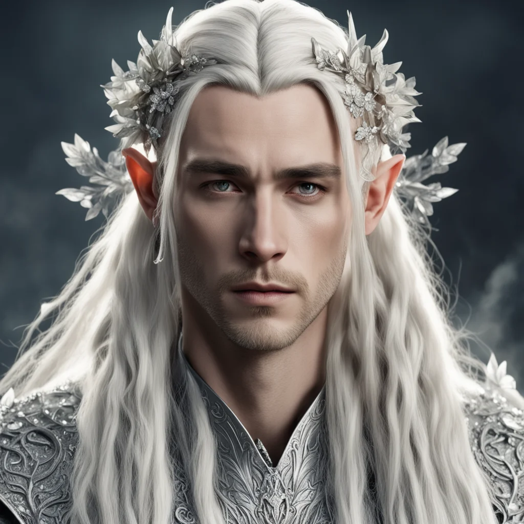 aiking thranduil with blond hair and braids wearing silver flowers encrusted with diamonds connected to form a silver elvish circlet with large center diamond 