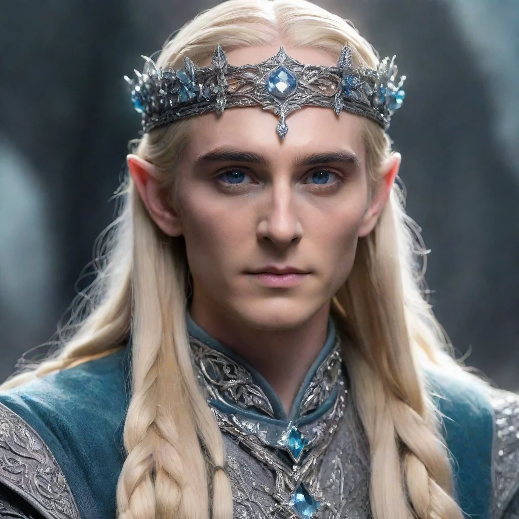 king thranduil with blond hair and braids wearing silver flowers encrusted with diamonds to form a silver elvish circlet with large center bluish diamond