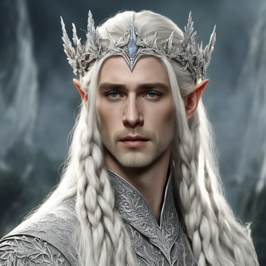 king thranduil with blond hair and braids wearing silver flowers encrusted with diamonds to form a silver elvish circlet with large center diamond amazing awesome portrait 2