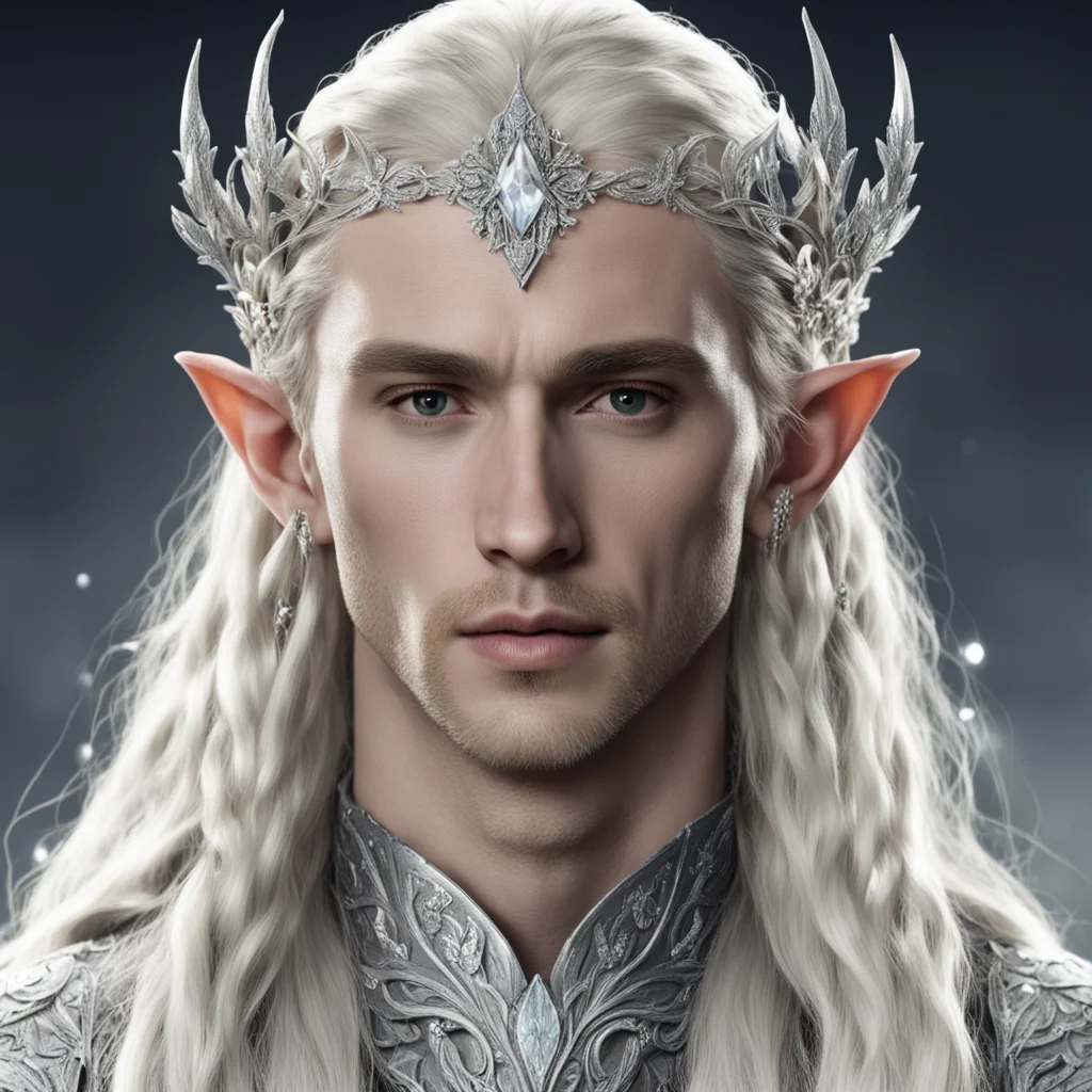aiking thranduil with blond hair and braids wearing silver flowers encrusted with diamonds to form a silver elvish circlet with large center diamond good looking trending fantastic 1