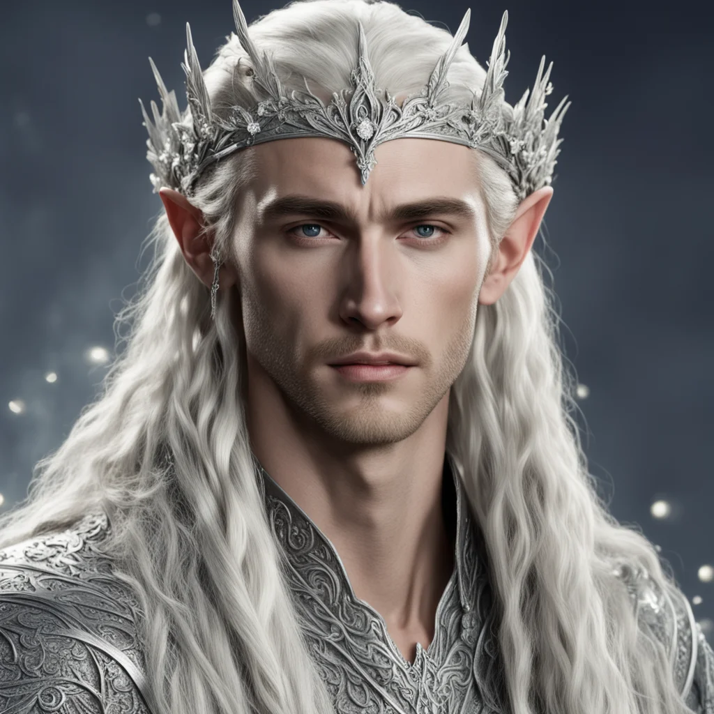 aiking thranduil with blond hair and braids wearing silver flowers encrusted with diamonds to form a silver elvish circlet with large center diamond