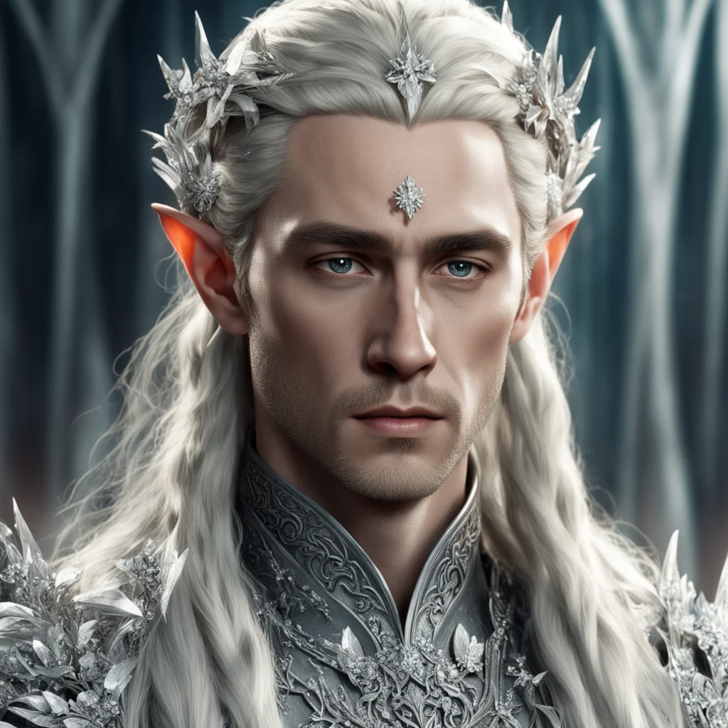 aiking thranduil with blond hair and braids wearing silver flowers encrusted with diamonds to form a silver elvish coroner with large center cluster of diamonds amazing awesome portrait 2