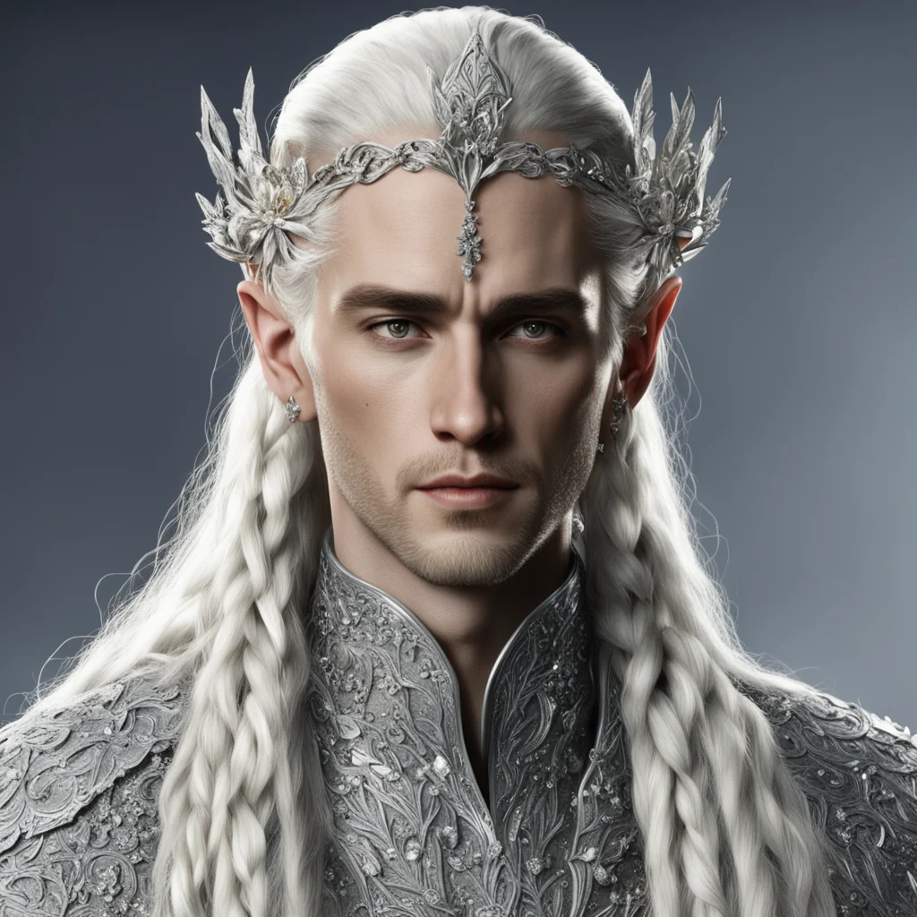 king thranduil with blond hair and braids wearing silver flowers encrusted with diamonds to form a silver elvish coroner with large center cluster of diamonds good looking trending fantastic 1