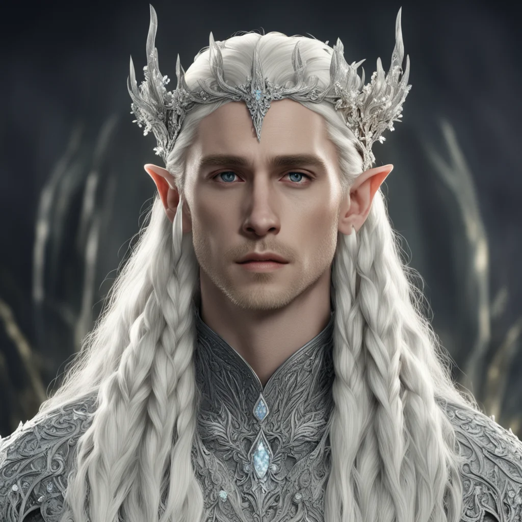 aiking thranduil with blond hair and braids wearing silver flowers encrusted with diamonds to form a silver elvish coroner with large center cluster of diamonds