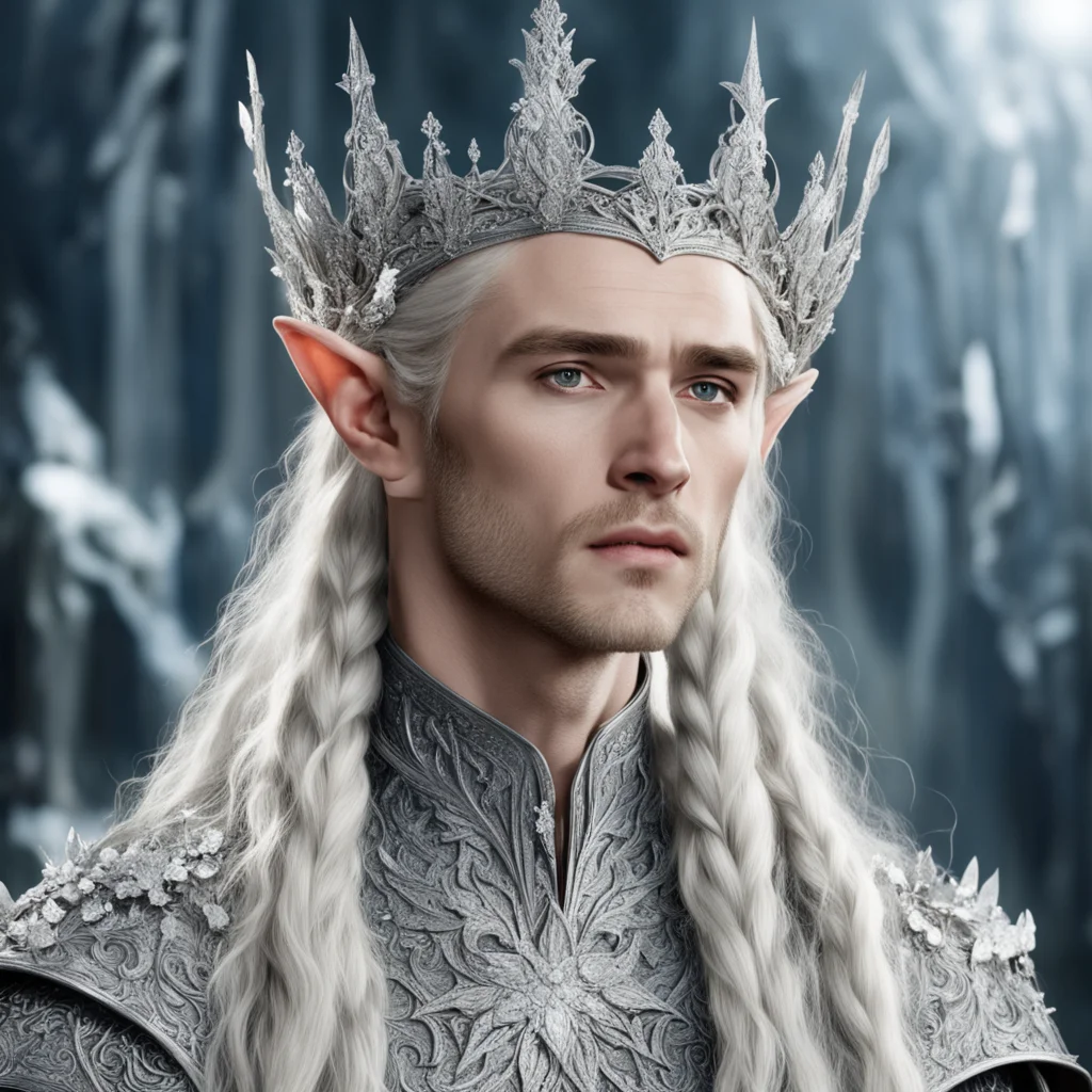 aiking thranduil with blond hair and braids wearing silver flowers encrusted with diamonds to form a silver elvish coronet with large center diaamond amazing awesome portrait 2