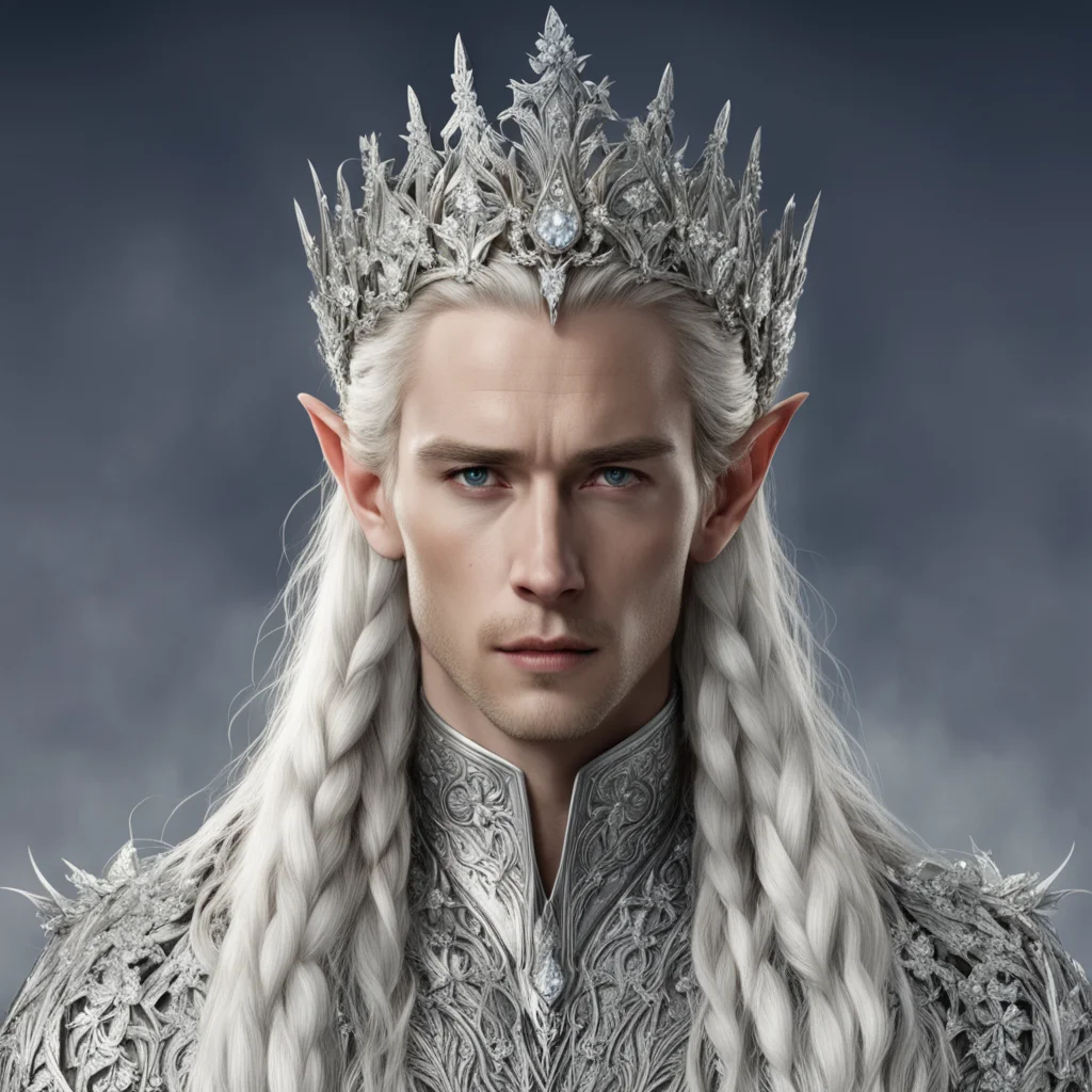 aiking thranduil with blond hair and braids wearing silver flowers encrusted with diamonds to form a silver elvish coronet with large center diaamond confident engaging wow artstation art 3