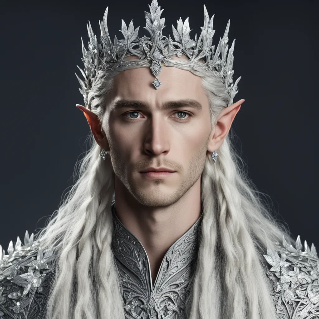 king thranduil with blond hair and braids wearing silver flowers encrusted with diamonds to form a silver elvish coronet with large center diaamond good looking trending fantastic 1