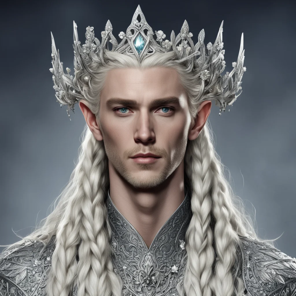 aiking thranduil with blond hair and braids wearing silver flowers encrusted with diamonds to form a silver elvish coronet with large center diaamond