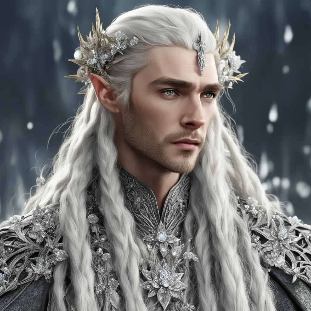 aiking thranduil with blond hair and braids wearing silver flowers encrusted with diamonds with center flower with large diamond amazing awesome portrait 2