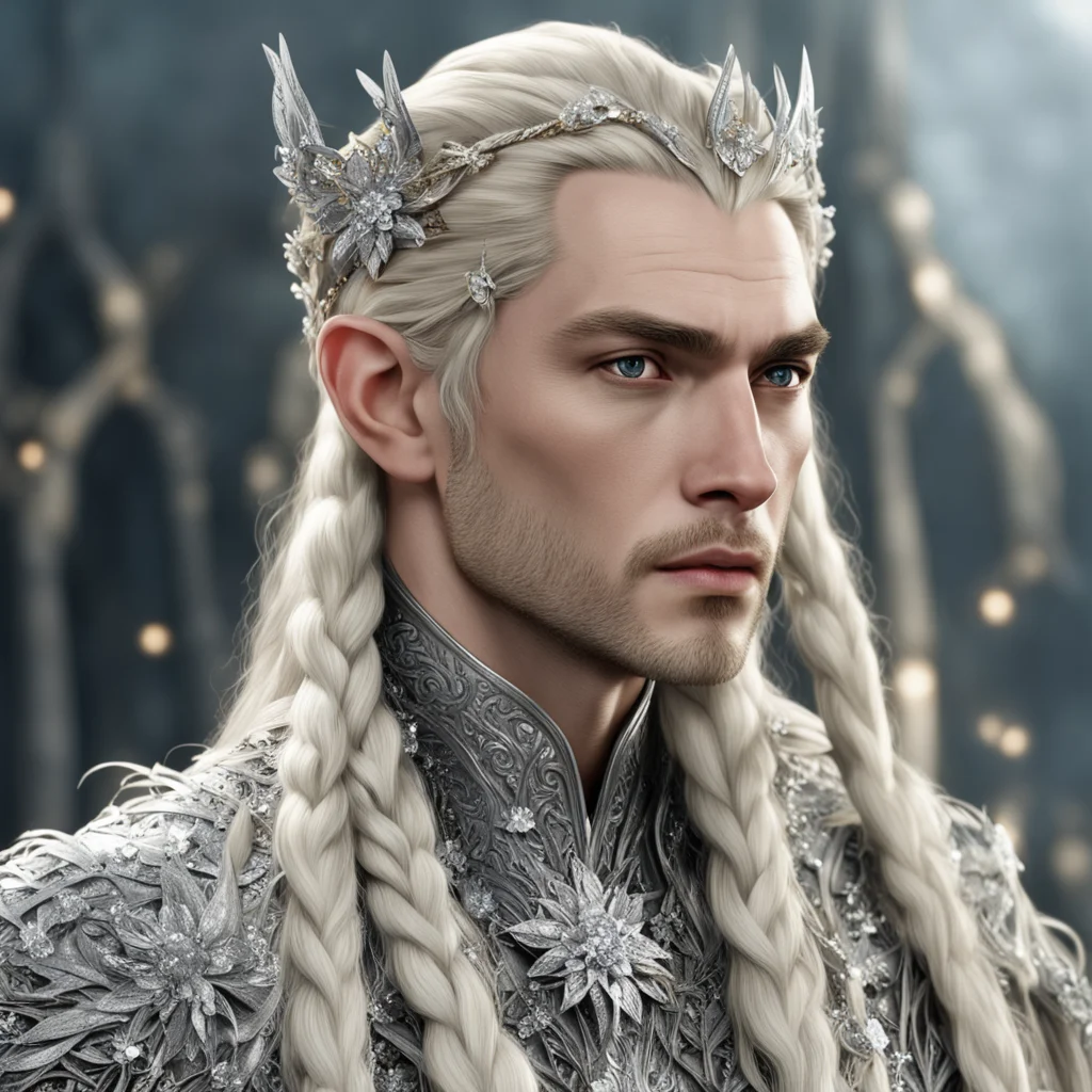 aiking thranduil with blond hair and braids wearing silver flowers encrusted with diamonds with center flower with large diamond good looking trending fantastic 1