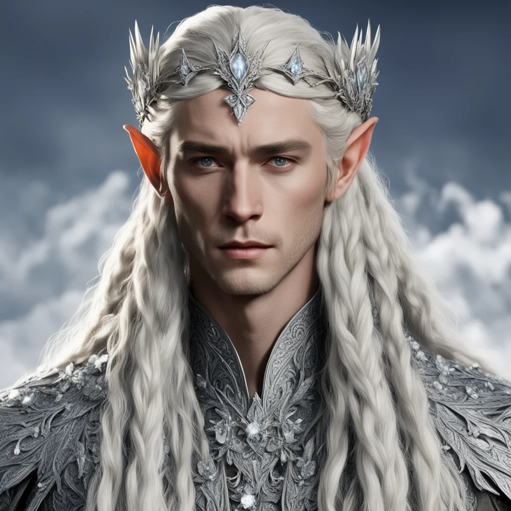 king thranduil with blond hair and braids wearing silver flowers encrusted with diamonds with center flower with large diamond to form a silver elvish circlet  amazing awesome portrait 2