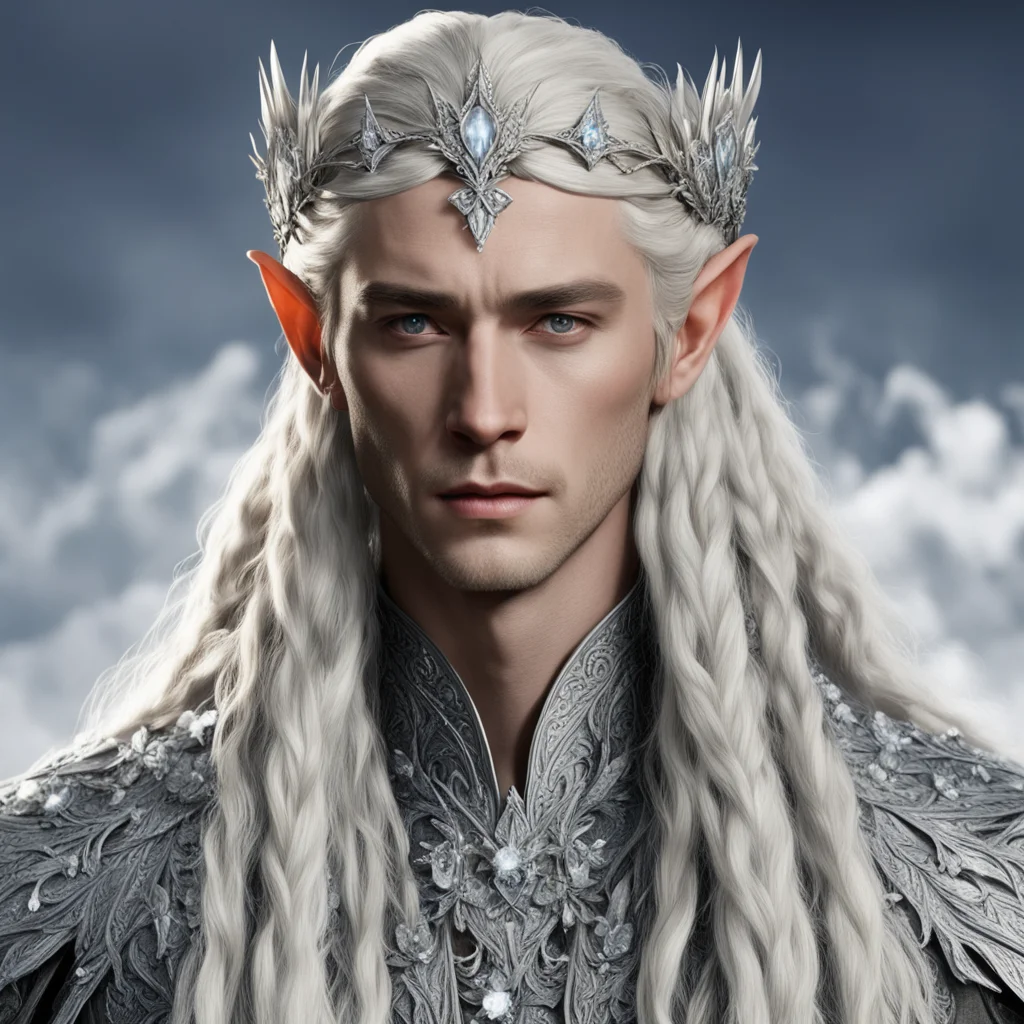 aiking thranduil with blond hair and braids wearing silver flowers encrusted with diamonds with center flower with large diamond to form a silver elvish circlet  amazing awesome portrait 2