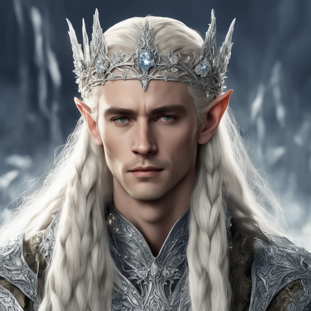 aiking thranduil with blond hair and braids wearing silver flowers encrusted with diamonds with center flower with large diamond to form a silver elvish circlet  good looking trending fantastic 1