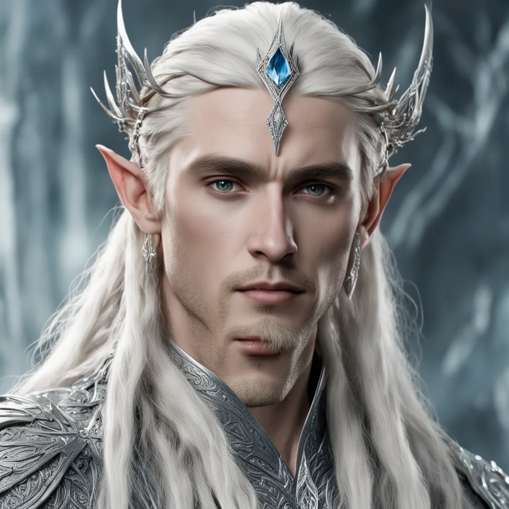 aiking thranduil with blond hair and braids wearing silver hair pins encrusted with diamonds and silver elvish circlet with large center diamond amazing awesome portrait 2