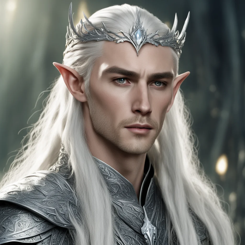 aiking thranduil with blond hair and braids wearing silver hair pins encrusted with diamonds and silver elvish circlet with large center diamond confident engaging wow artstation art 3