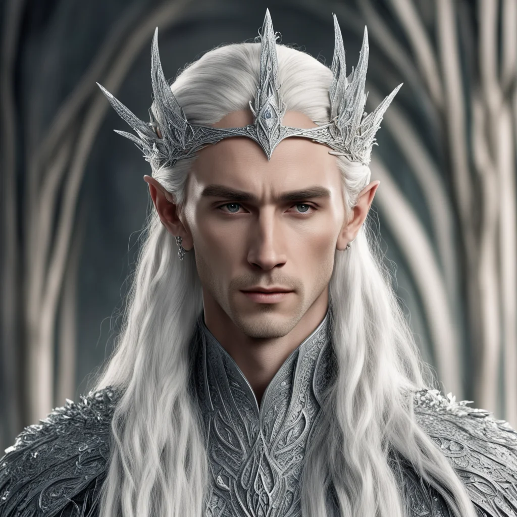 king thranduil with blond hair and braids wearing silver hair pins encrusted with diamonds and silver elvish circlet with large center diamond