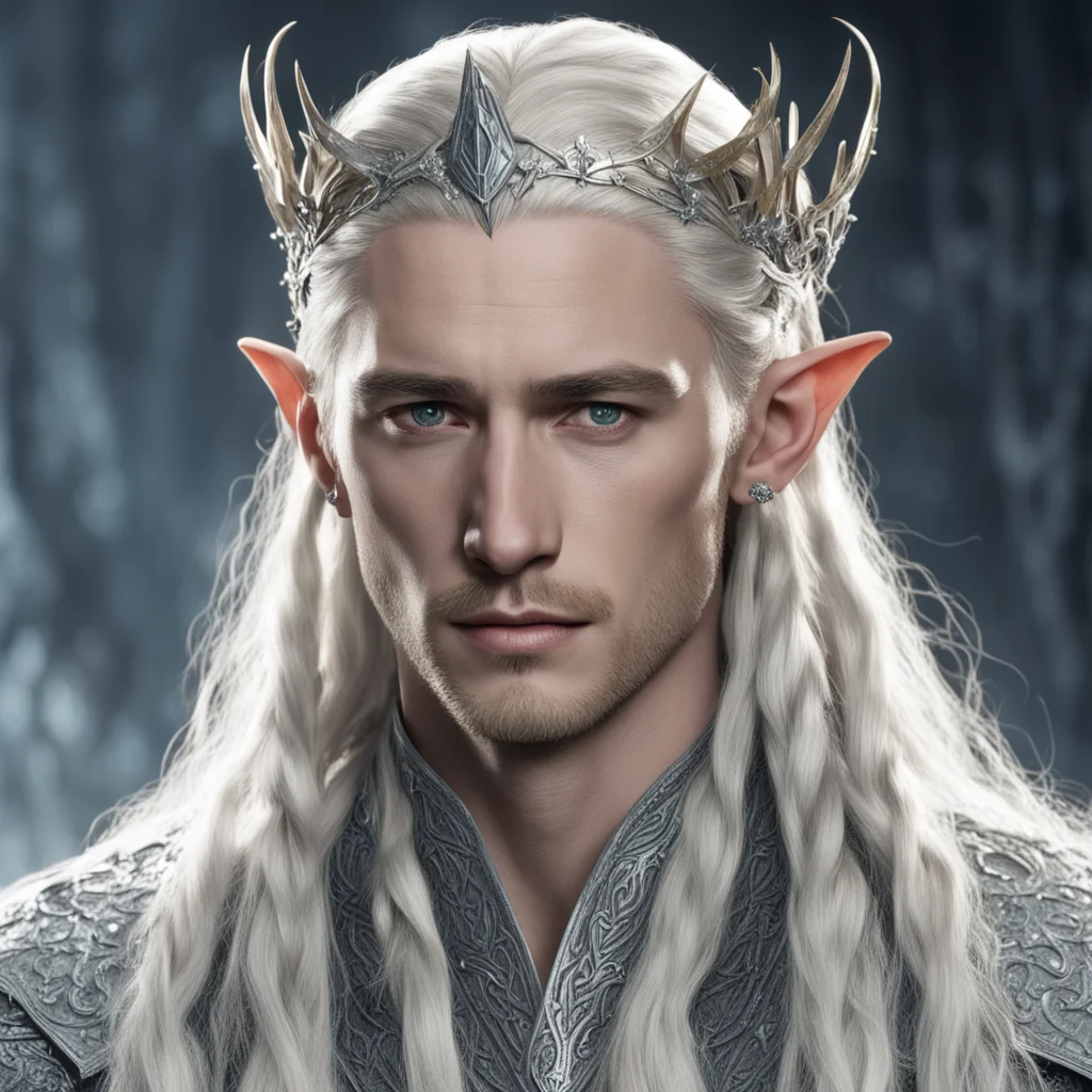 aiking thranduil with blond hair and braids wearing silver holly lead and diamond berry silver elvish circlet encrusted with diamonds with large center diamond amazing awesome portrait 2