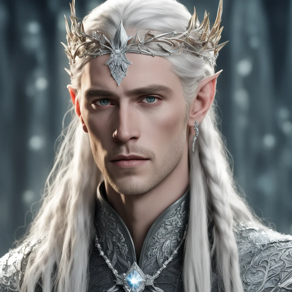 aiking thranduil with blond hair and braids wearing silver holly lead and diamond berry silver elvish circlet encrusted with diamonds with large center diamond good looking trending fantastic 1