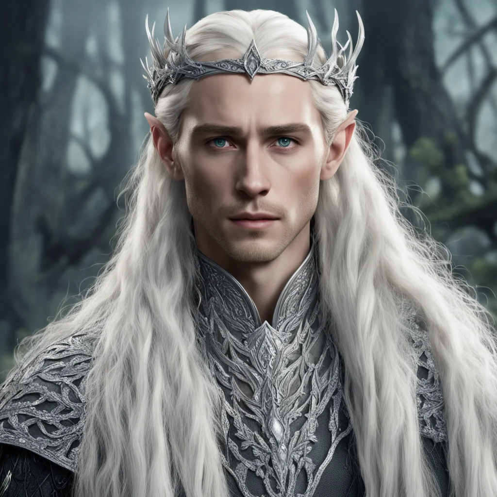 aiking thranduil with blond hair and braids wearing silver holly lead and diamond berry silver elvish circlet encrusted with diamonds with large center diamond