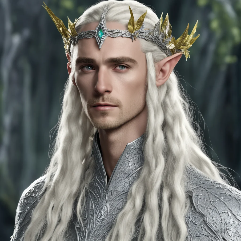 aiking thranduil with blond hair and braids wearing silver holly leaf and diamond berry silver elvish circlet encrusted with diamonds with large center diamond amazing awesome portrait 2