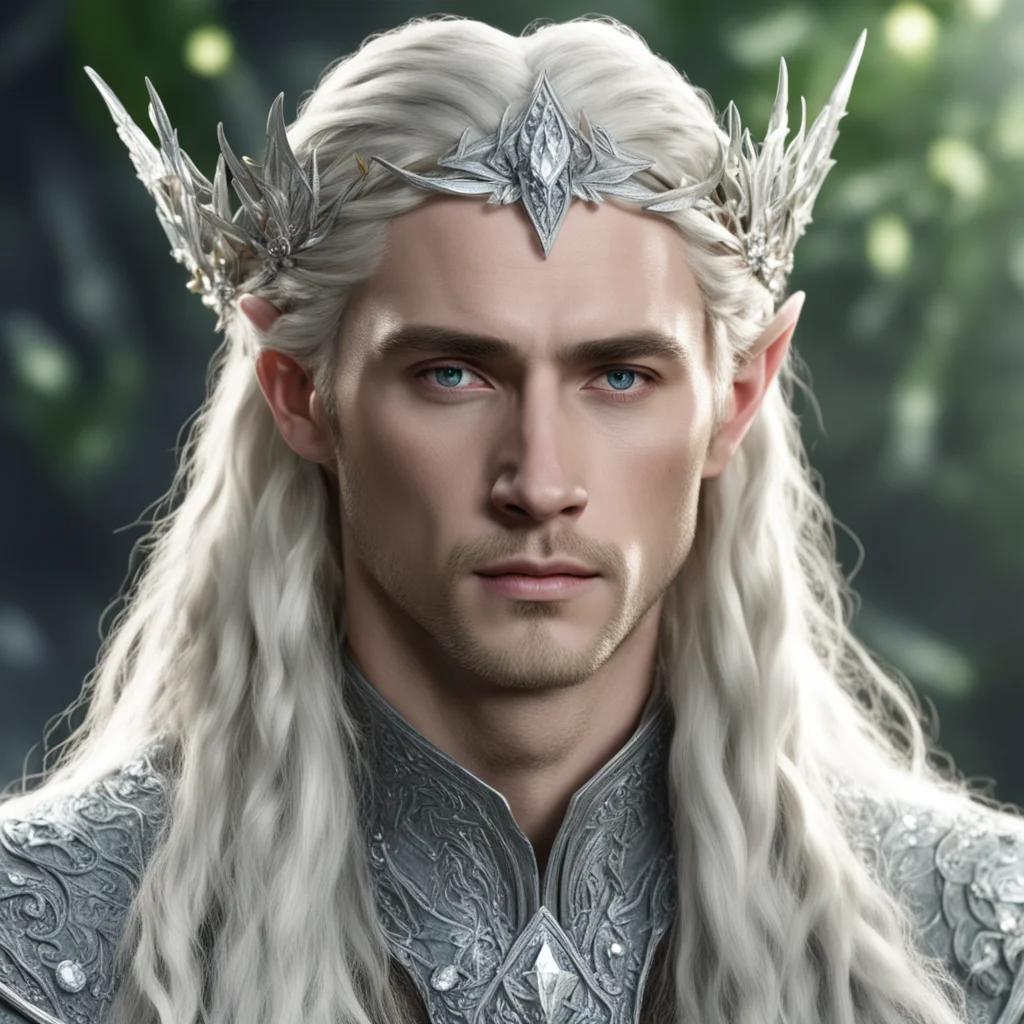 aiking thranduil with blond hair and braids wearing silver holly leaf and diamond berry silver elvish circlet encrusted with diamonds with large center diamond good looking trending fantastic 1