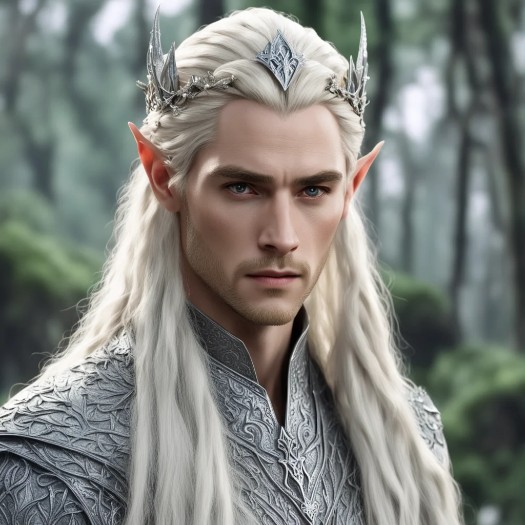 king thranduil with blond hair and braids wearing silver holly leaf and diamond berry silver elvish circlet encrusted with diamonds with large center diamond